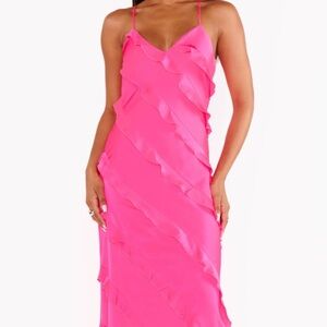 Hot pink ruffled long dress with adjustable straps